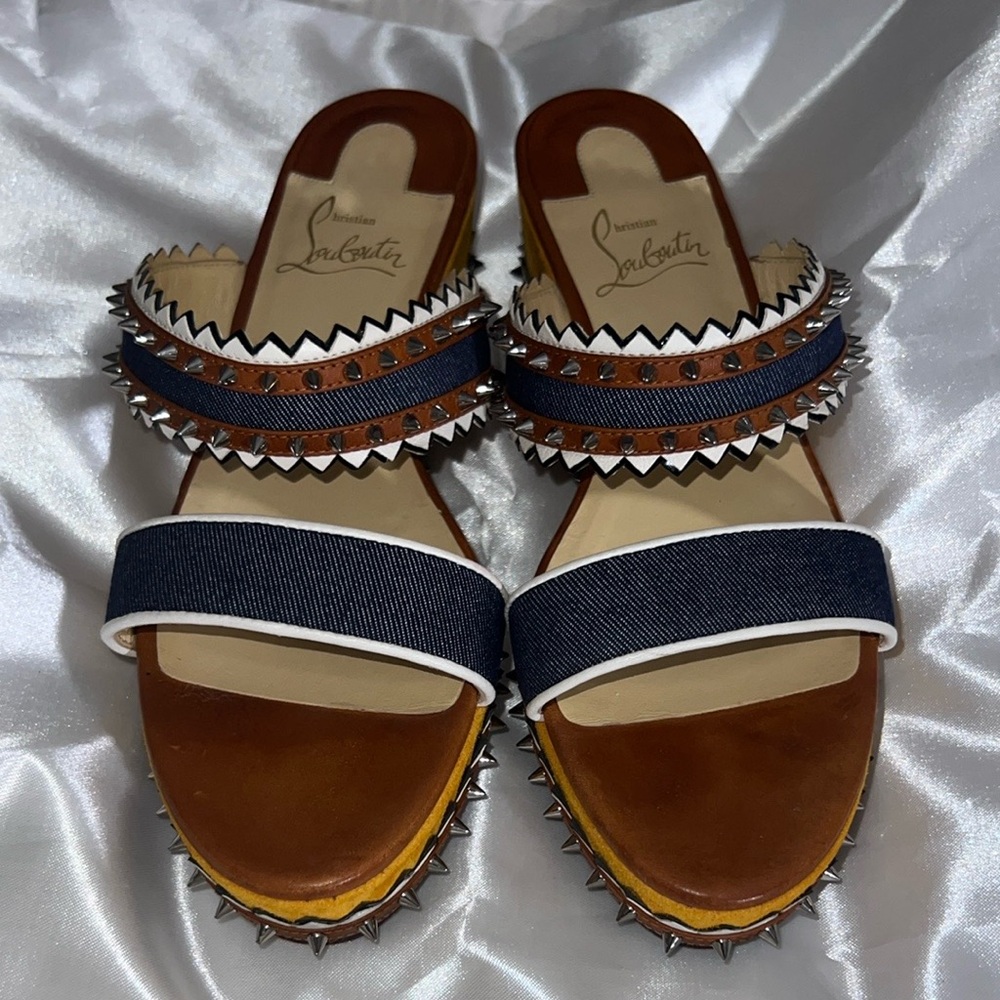Christian Louboutin Brown and Blue Sandals with Decorative Stitching